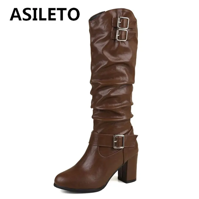 ASILETO-Botas hasta la rodilla de lujo para mujer, botines de punta redonda con tacón grueso de 7,5 cm, hebilla de cinturón con cremallera, talla grande 50, 51, 52, Bota diaria Vintage plisada