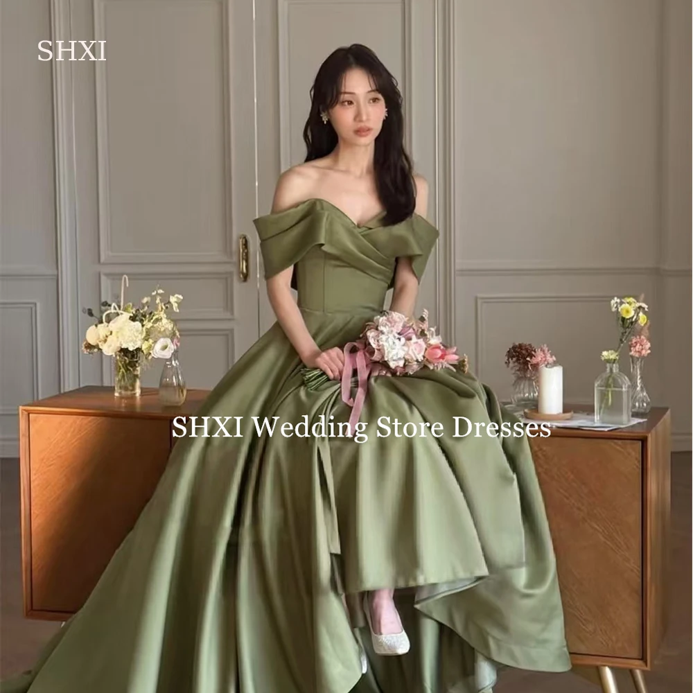 

SHXI Modern Emerald Green Korea Wedding Dresses Satin A Line Photos Shoot Dress Off Shoulder Wedding Reception Dress Customized