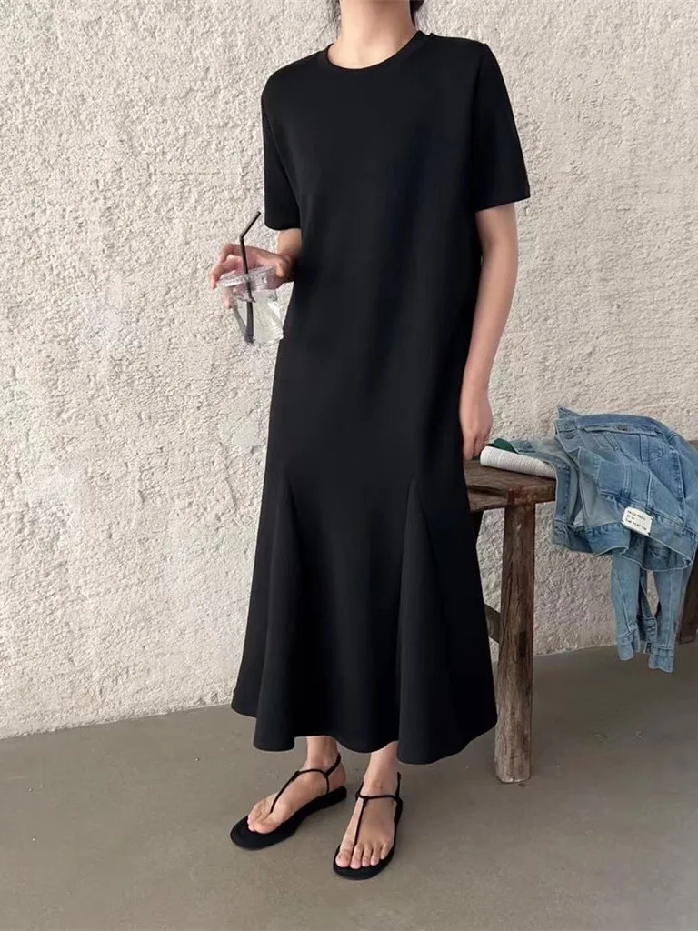 T-shirt ample Dr femmes coréennes Sle sur le genou été nouvelle grande taille décontracté Fi Tail ort Sve Dr jupe trapèze