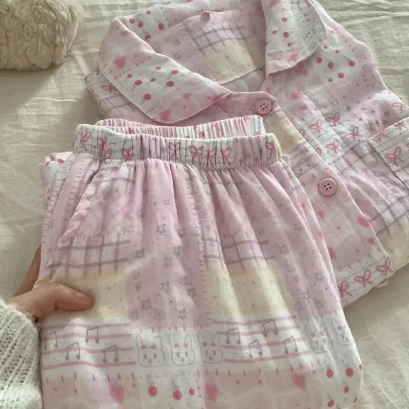 New Cotton Pajamas Set Women Pink Sweet Cute 2 Pcs Shirt&pants Homewear Sleepwear Cartoon Loungewear Spring Autumn Nightwear