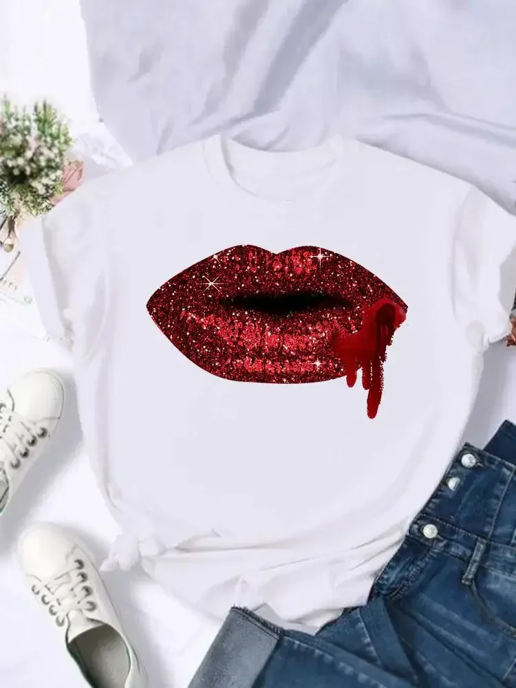 

Women Female Watercolor Love Sweet Lip Casual Top Fashion Print Tshirts Cartoon Short Sleeve T Shirt Summer Tee T-Shirt