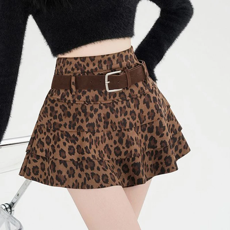 Vintage Leopard Mini Skirts Women Hottie Streetwear Ruffles A Line Cake Skirt American Retro Summer Belt Casual High Waist Skirt