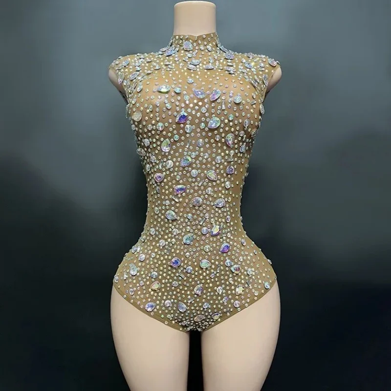 

Luxury AB Diamonds Khaki Sexy See-Through Mesh Bodysuit Evening Party Celebrate Performance Costume Dancer Nightclub Stage Wear