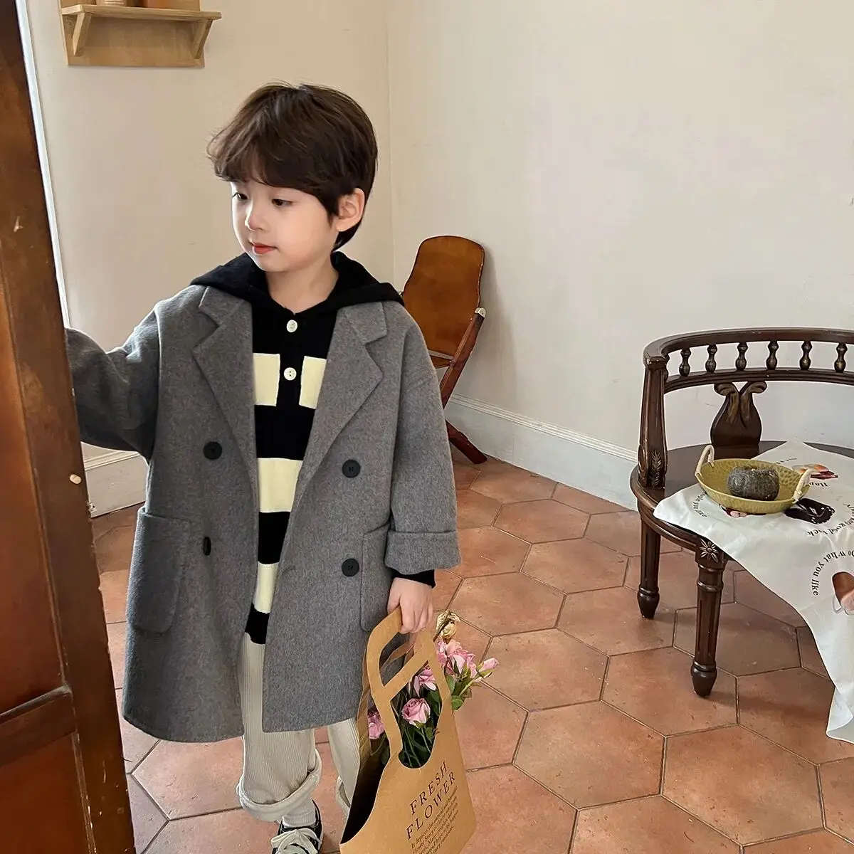 Children's Woolen Coat Autumn and Winter Boys' Double sided Cashmere Coat British Style New Korean Children's Clothing image 5