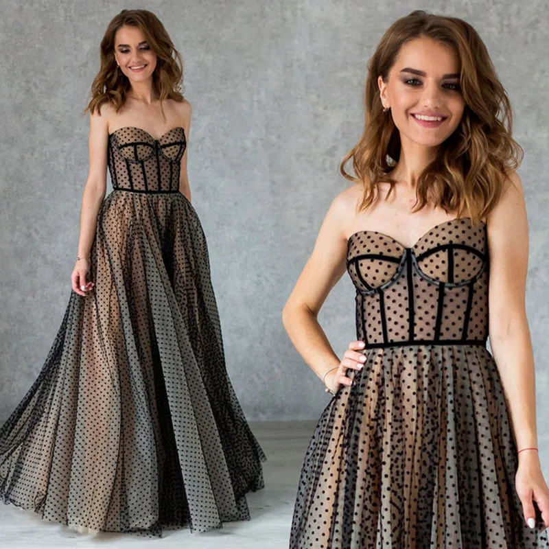 BridalAffair Elegant A Line Sexy Party Gown robes de soirée Long Formal Prom Dress Bohemian Black Polka Dotted Evening Dress