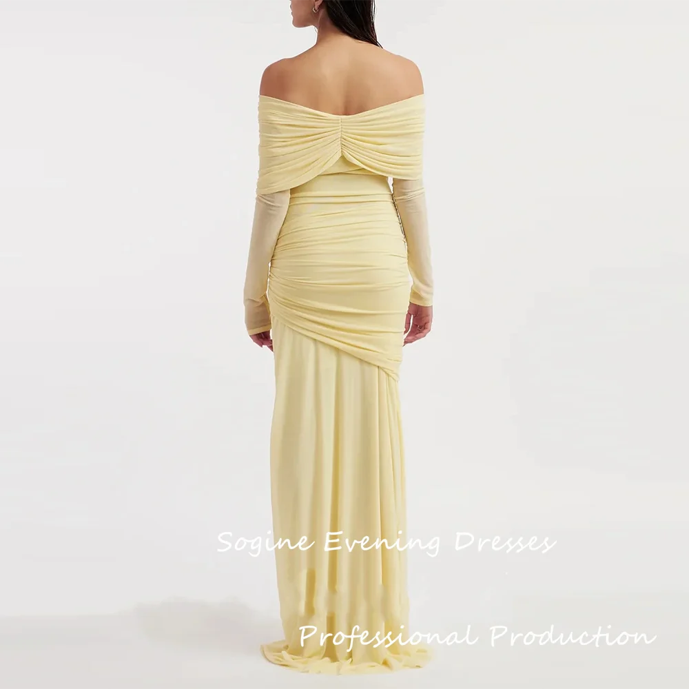 Chiffon fora do ombro vestidos de baile para mulheres sexy ruched amarelo sereia vestido de noite 2025 tribunal trem longo ocasiões formais