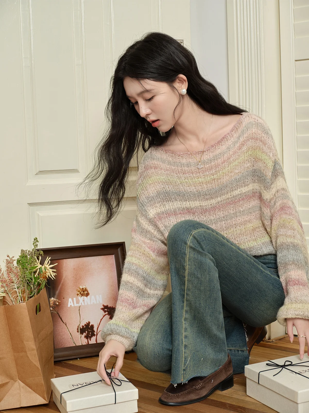 

Романтический вязаный свитер Lazy Sle, ажурная верхняя одежда, Новое поступление осени, женская модная корейская версия, длинный свеч, круглый Ne