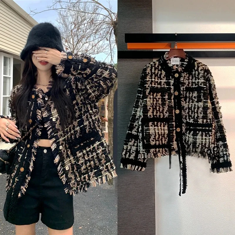 

GIDYQ Y2k Vintage Cropped Tweed Jacket Women Streetwear Black Gold Braided Tassel High Quality Coat Casual Chic Button Outerwear