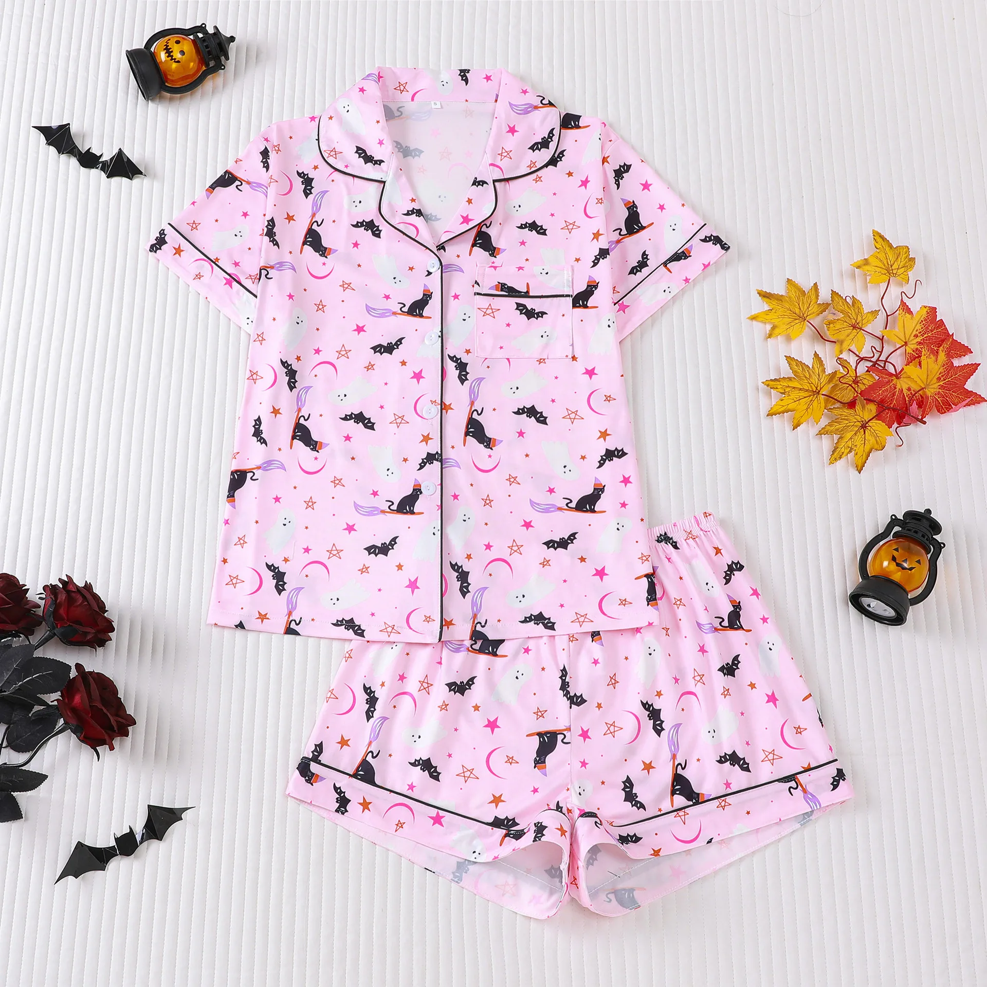 

Women's Christmas Halloween Pajama Set Printed Collared Top & Lounge Shorts Spooky Sleepwear Two Piece Bed Clothes Female Ropa