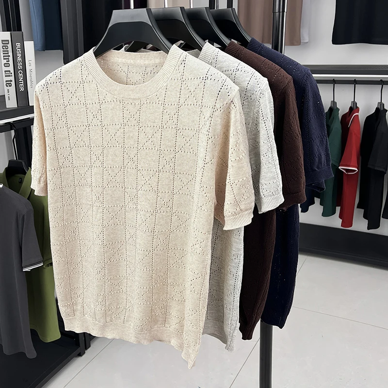 Hot-Selling Man Short-Sleeved Knit T-Shirt Crew Neck Solid Color Argyle Casual Ventilate Trend Versatile British Style Men's Wea
