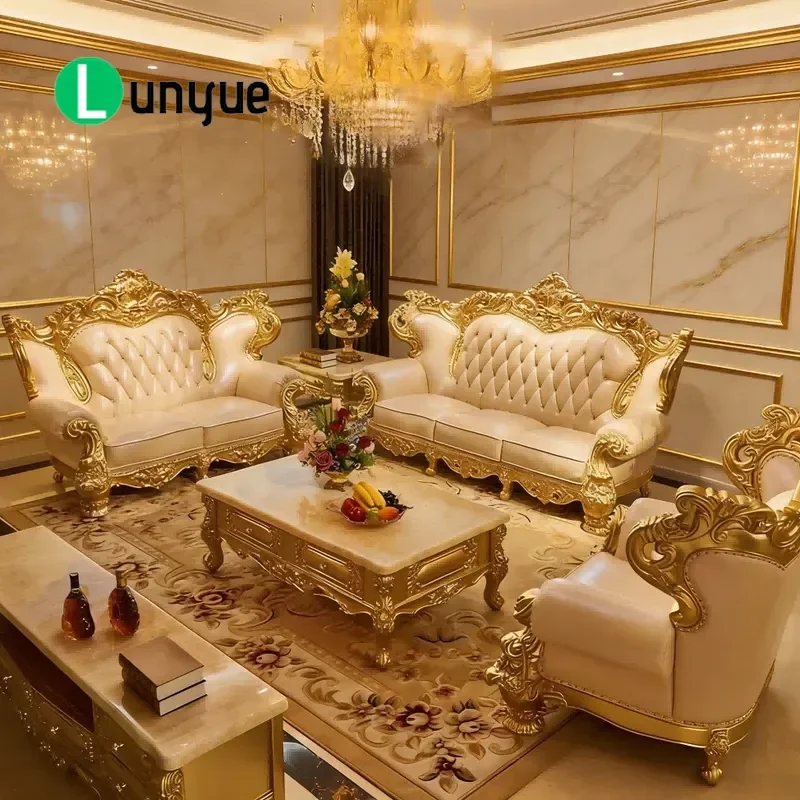 European Luxury Solid Wood Leather Sofa Double Sided Carved Living Room Furniture High End Whole House Matching Suite