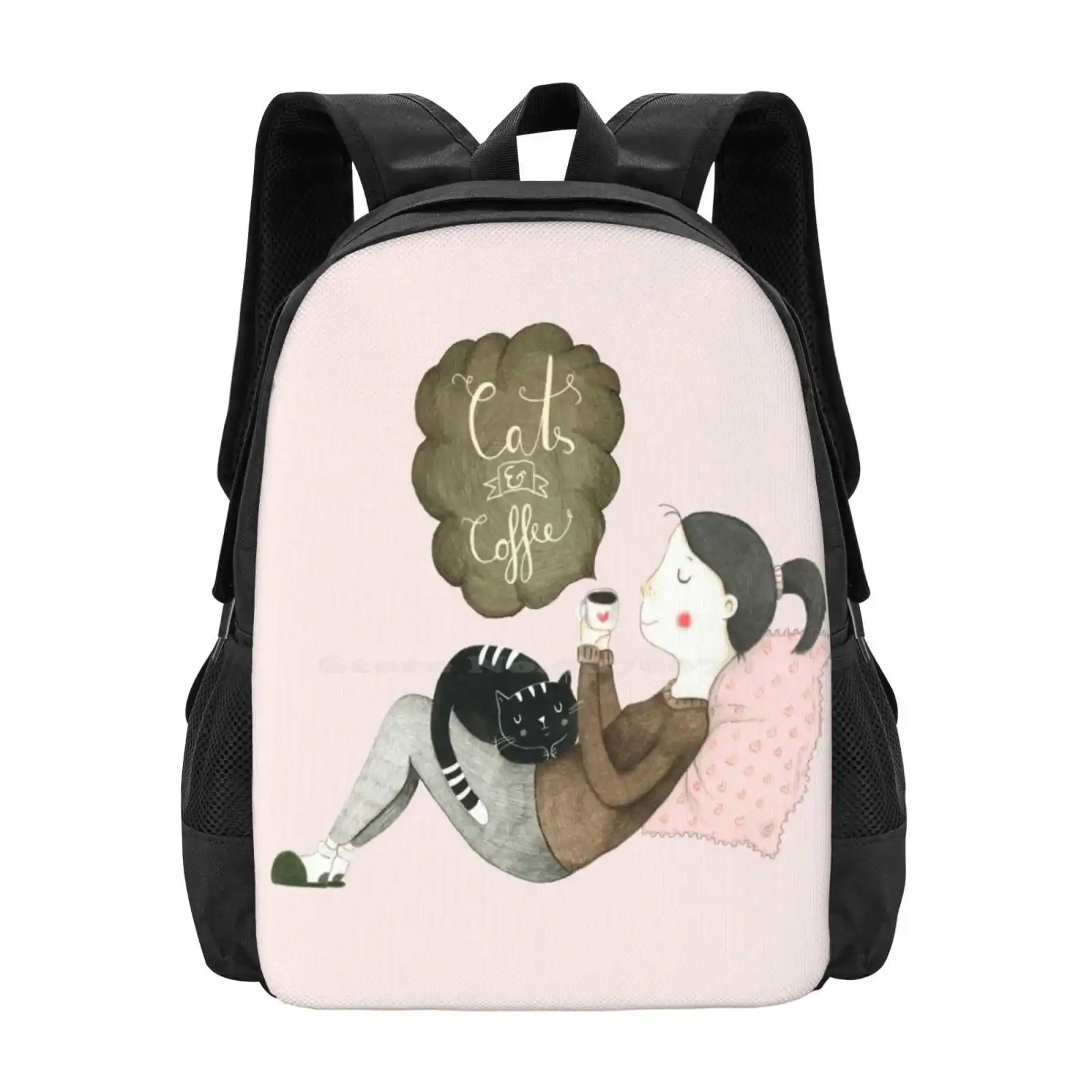 Cats And Coffee Pattern Design Laptop Travel School Bags Coffee Animal Pet Girl Woman Muted Colors Brown Hand Lettering Saying