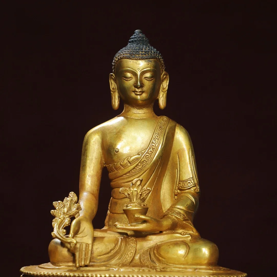 Home Worship of Religious Buddha Statue Copper Gilded [Medicine Buddha] Buddha Statue Creation Size: Height 20cm, Width 16cm,