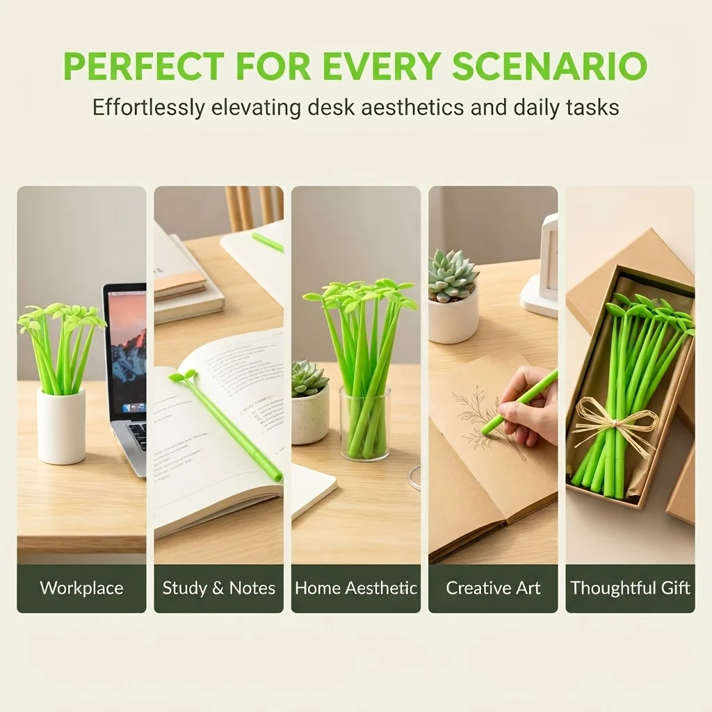 3 Pcs  New Lucky Double-Leaf Clover Sprout Silicone Shake-Action Gel Pens, Creative Leaf-Shaped , Flower and Plant Design