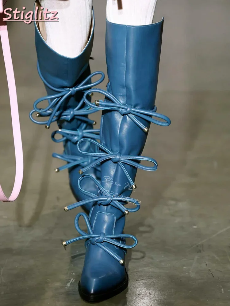 Lace-up Knee-high Boots Solid Artificial Leather Sewing Modern Boots Side Zipper Vintage 2025 Spring Women Fashion Catwalk Shoes