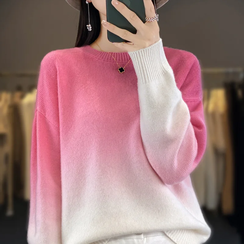 

Spring and Autumn Women's Wool pullover Long Sleeve Round Neck Knitted Gradient Color Sweater Casual Soft High Quality Top
