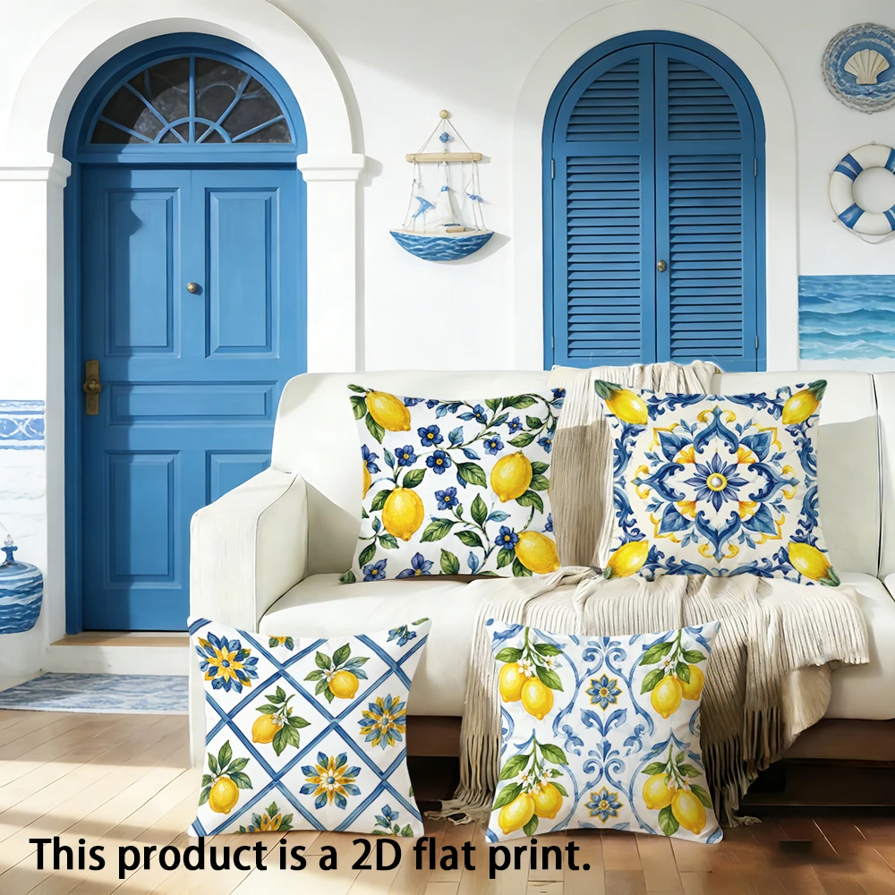 1pc  Mediterranean Lemon Tile Print Throw Pillow Covers, Summer Coastal Cushion Cases for Sofa Bedroom Patio