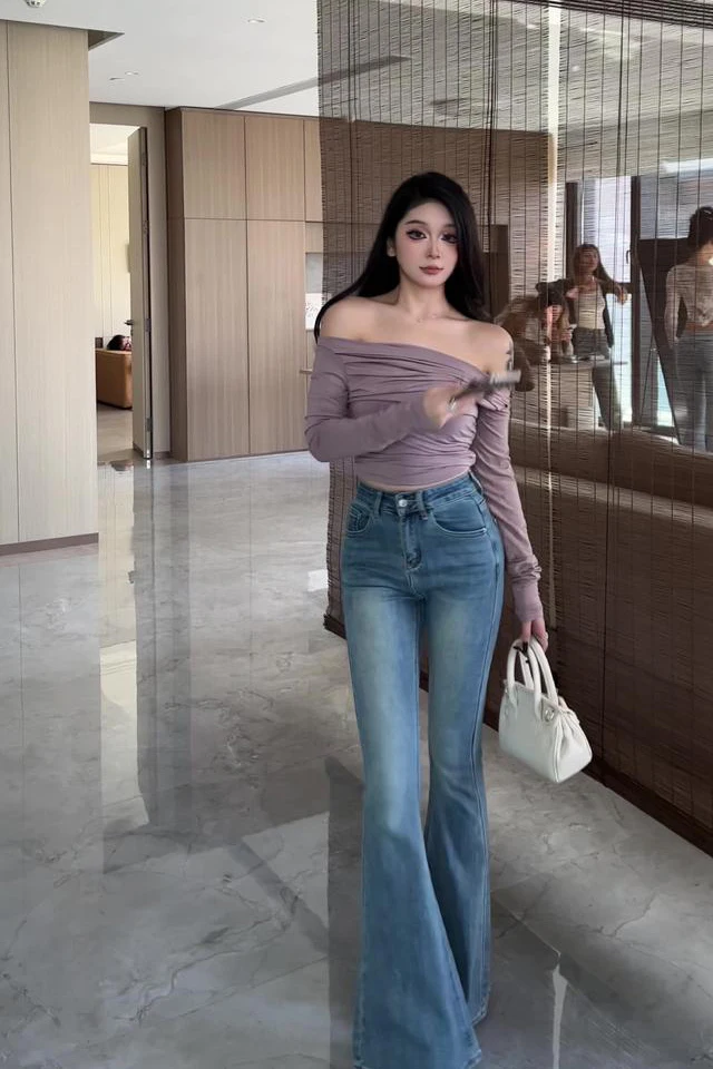Spring New Arrival Light Blue Micro Flare Jeans Women's Casual High Waist Elastic Slim Fit Long Pants Versatile Everyday Wear