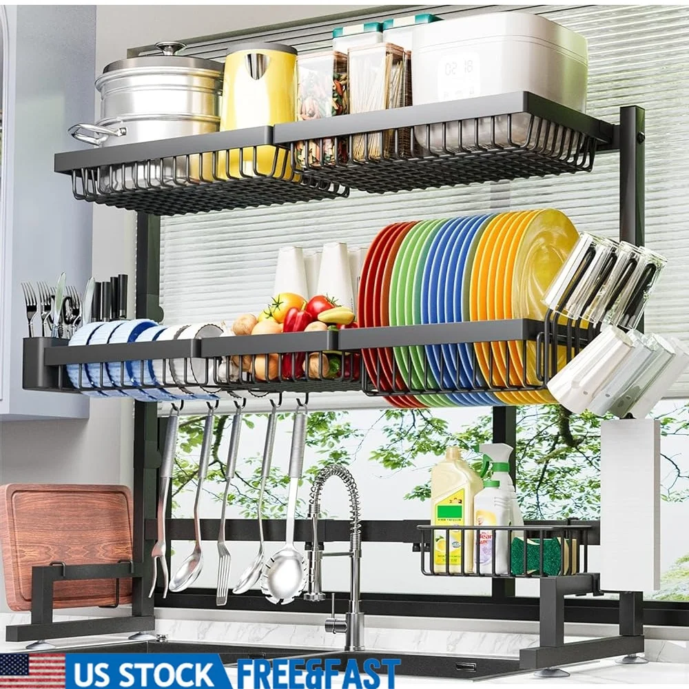 

Expandable Over Sink Dish Drying Rack 3 Tier Adjustable Stainless Steel Kitchen Storage Organizer with Utensil Holder and Fruit