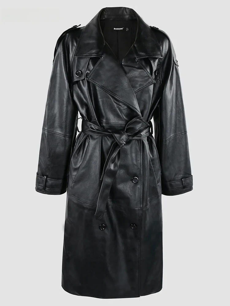 

Nerazzurri Double Breasted oulder Insertion Leather Jaet Women's Loose Casual Bla PU Long Coat Fem Long Leather Coat