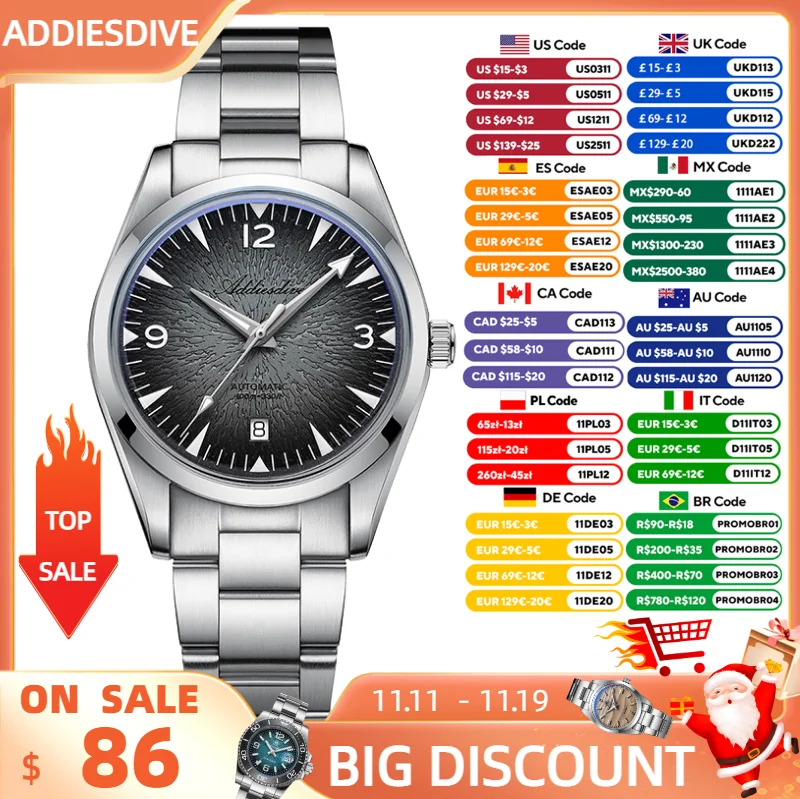 

ADDIESDIVE New 39mm Watch Automatic Stainless Steel Domed Glass Luminous Waterproof 200m Dive Business Mechanical Wristwatch Men