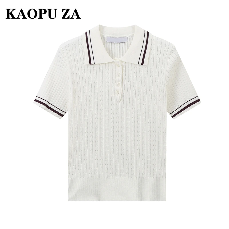 

KAOPU ZA 2024 New Spring Summer Ladies Fashion Hollow Out Sweater Preppy Style Striped Polo Knitwear Short Sleeve