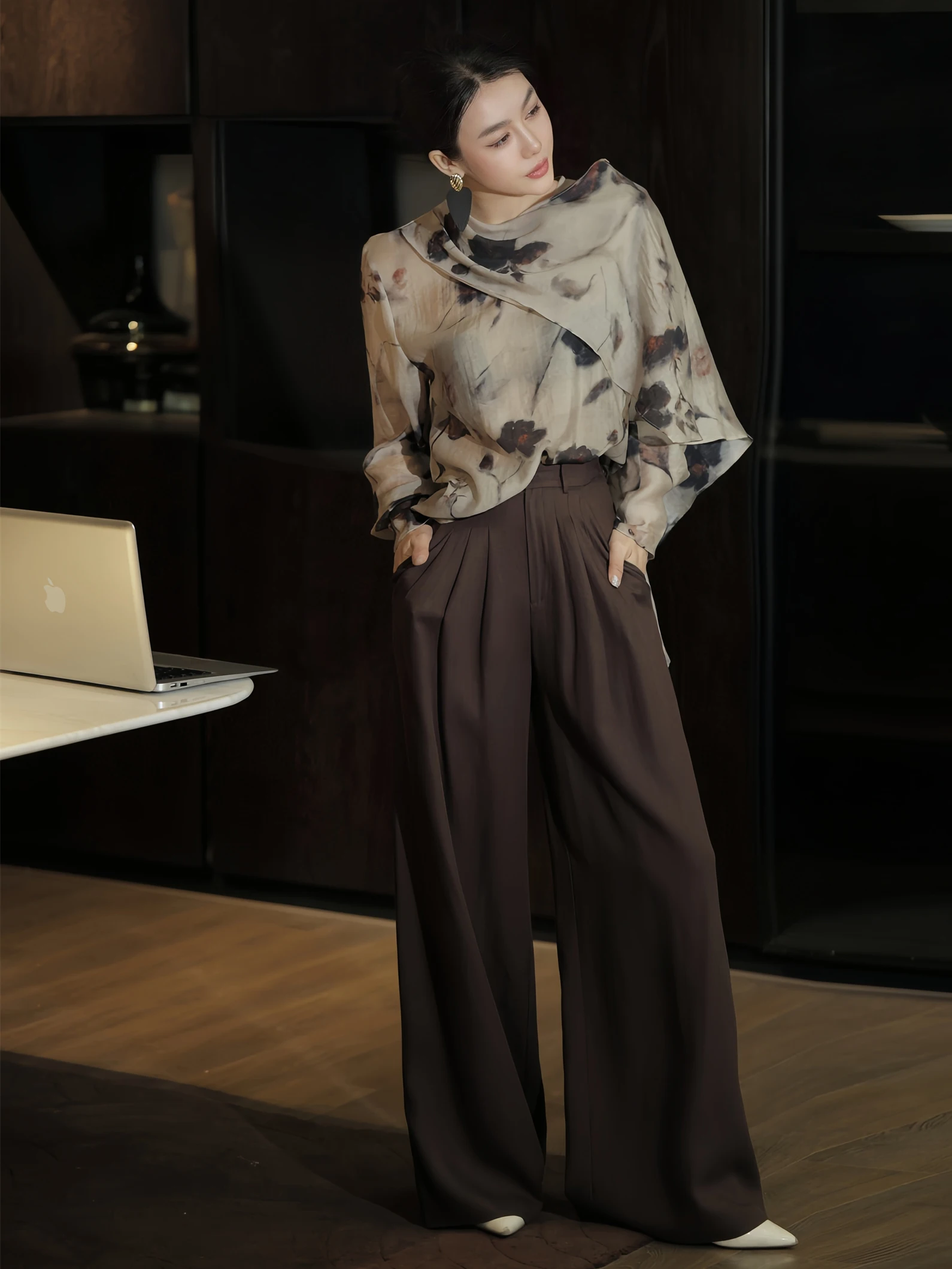 

Модный винтажный топ с принтом и длинными рукавами, свободного кроя, с драпировкой, дышащий, повседневный, женский, для осеннего сезона