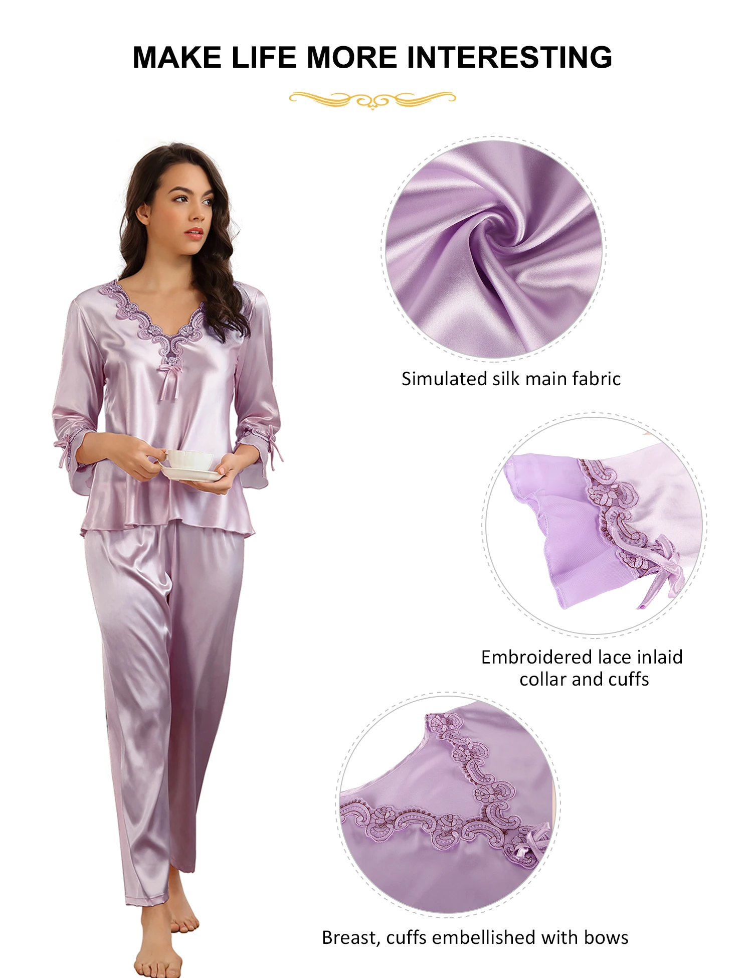 Comeonlover Mauve Sleepwear Sexy Satin Women\'s pajamas Long Sleeve homecoming Pajamas Set 2 Piece Comfort Nightwear Lingerie Set