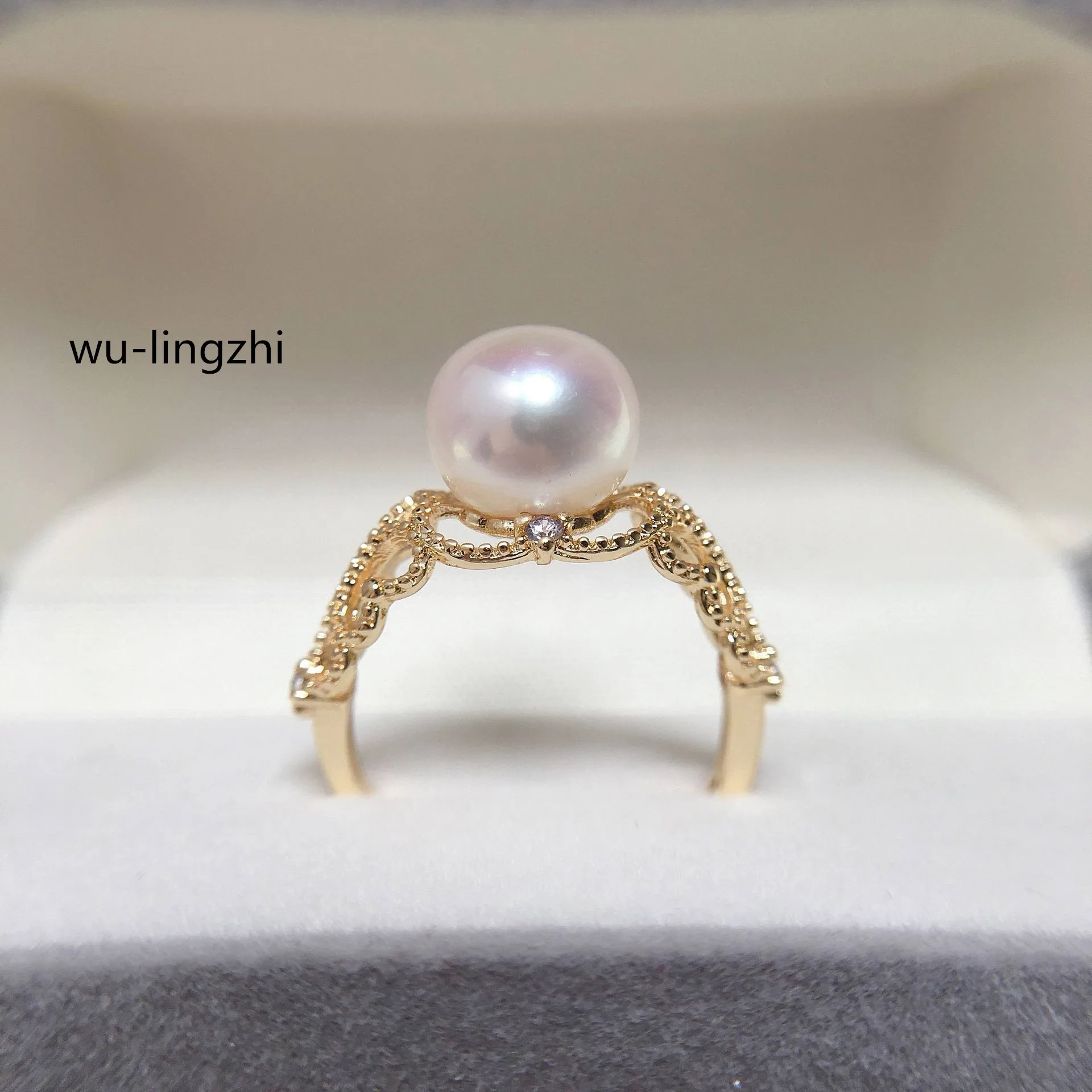 wu-lingzhi Women Natural Pearl Ring 18K Gold Plate Fresh Water Shining Pearl Ring Open Rings Hollow Out Vintage