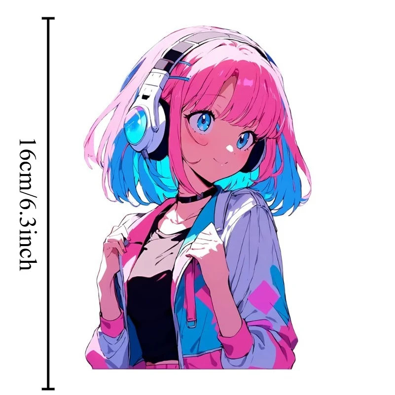 2D Flat 1Pc Anime Pink Blue Short Hair Girl With Game Controller Vinyl Sticker,Waterproof Decal for Car,Motorcycle, Laptop Decor