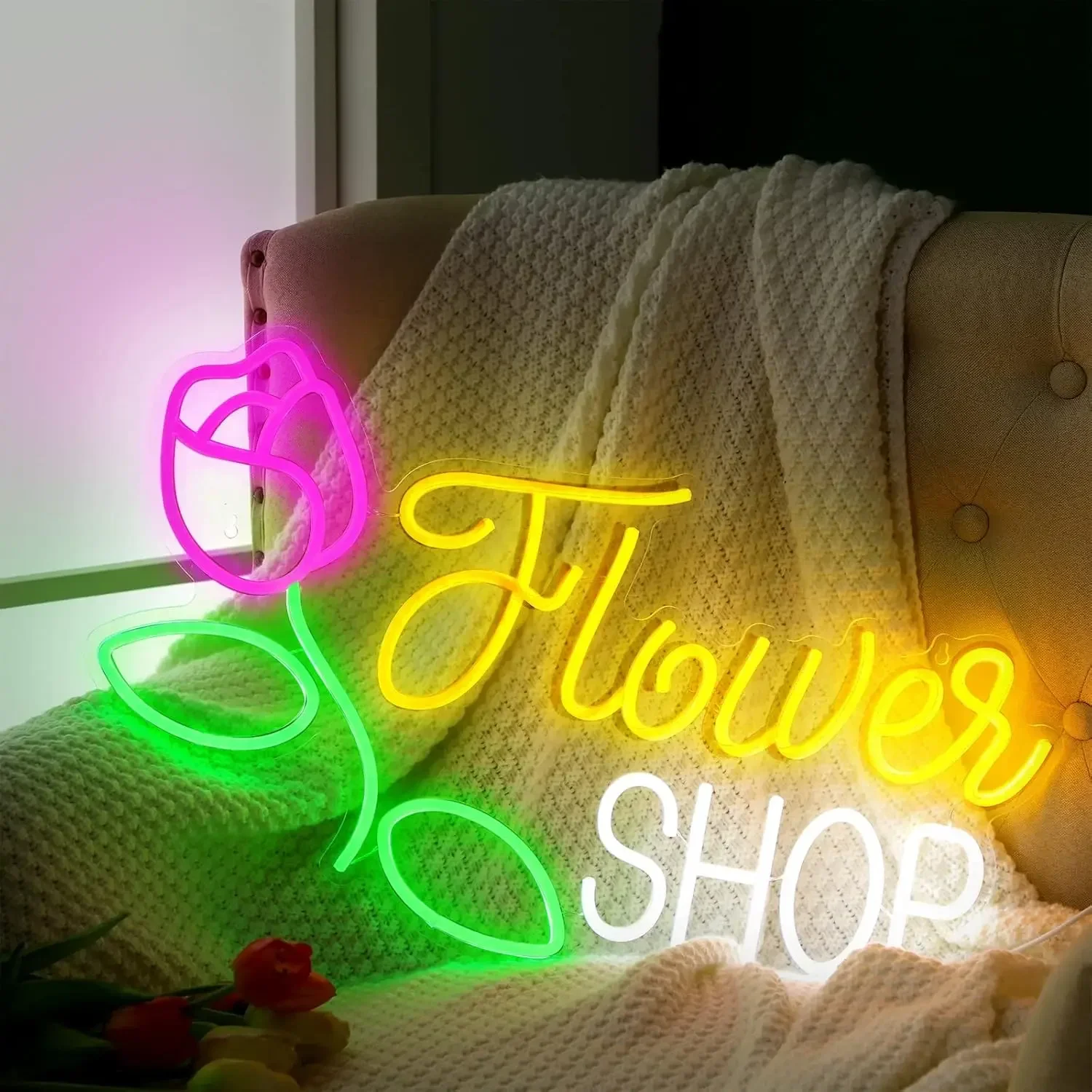 Flower Shop Neon Sign LED Wall Art USB Powered  Glow Lamp Rose Theme Decor Florist Store Cafe Garden Aesthetic Hanging Light