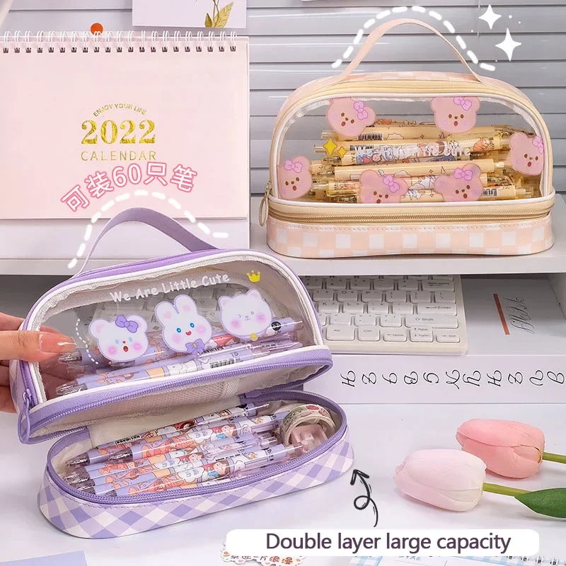 Large Capacity Pencil Case Transparent Organizer Pen Box Korean Pouch for girls Kawaii Stationery Supplies Accessories