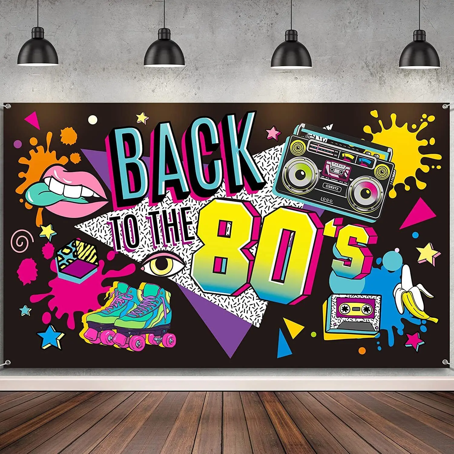 Back To 80\'s Theme Party Decoration 80\'s Party Banner Music Disco Backdrops Graffiti Neon Glow Photography Backgrounds Decor