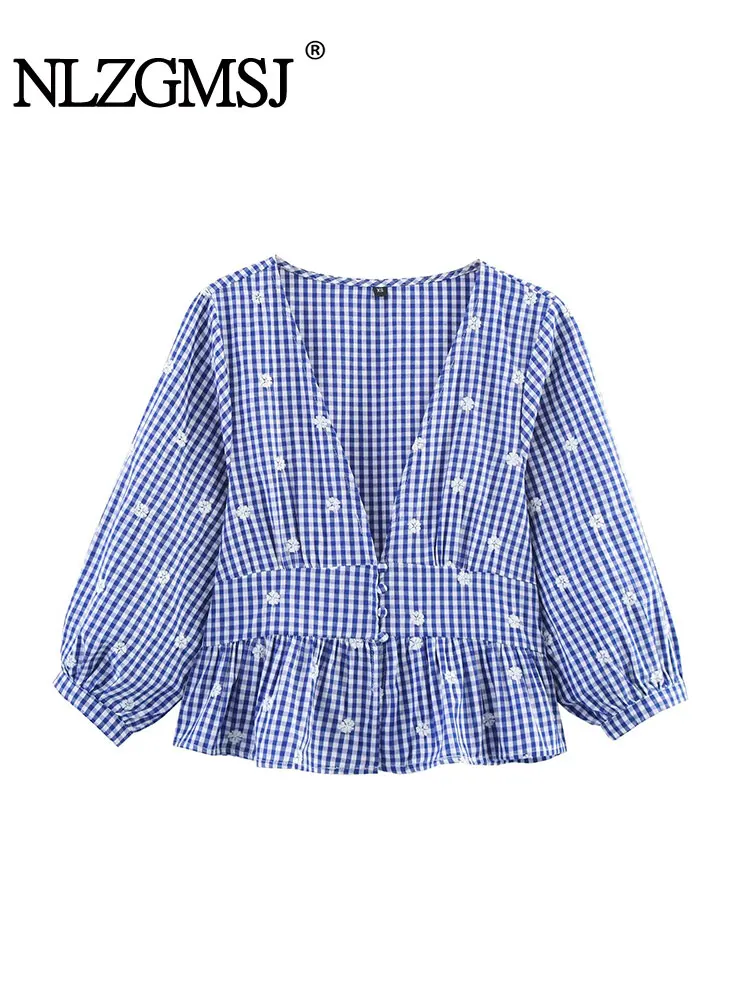 

NLZGMSJ клетчатая рубашка женская модная рубашка с вышивкой топы для женщин короткая рубашка с коротким рукавом повседневная уличная одежда