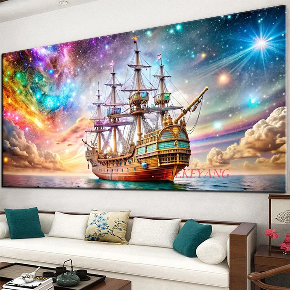 DIY Diamond Painting Cross Stitch Beautiful Starry Sky Ocean Sailboat Full drills Diamond Mosaic New Collection 2024 Home Decor