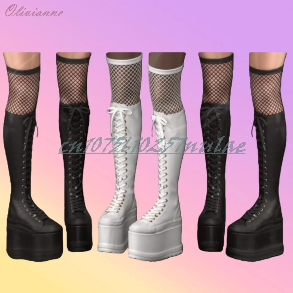 

Solid Punk Style Front Lace-up Mid Calf Boots Thick Soled Round Toe Cosplay Fashion Women Shoes 2026 New Hot Girls Para Mujere