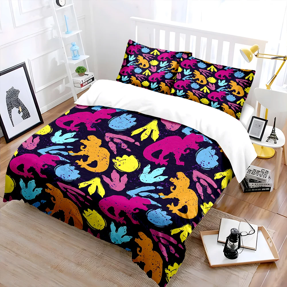 Colorful dinosaurs and footprints pattern Bedding Set 1 Duvet Cover 2 Pillowcases for Adult and Children Luxury Gift Full Size