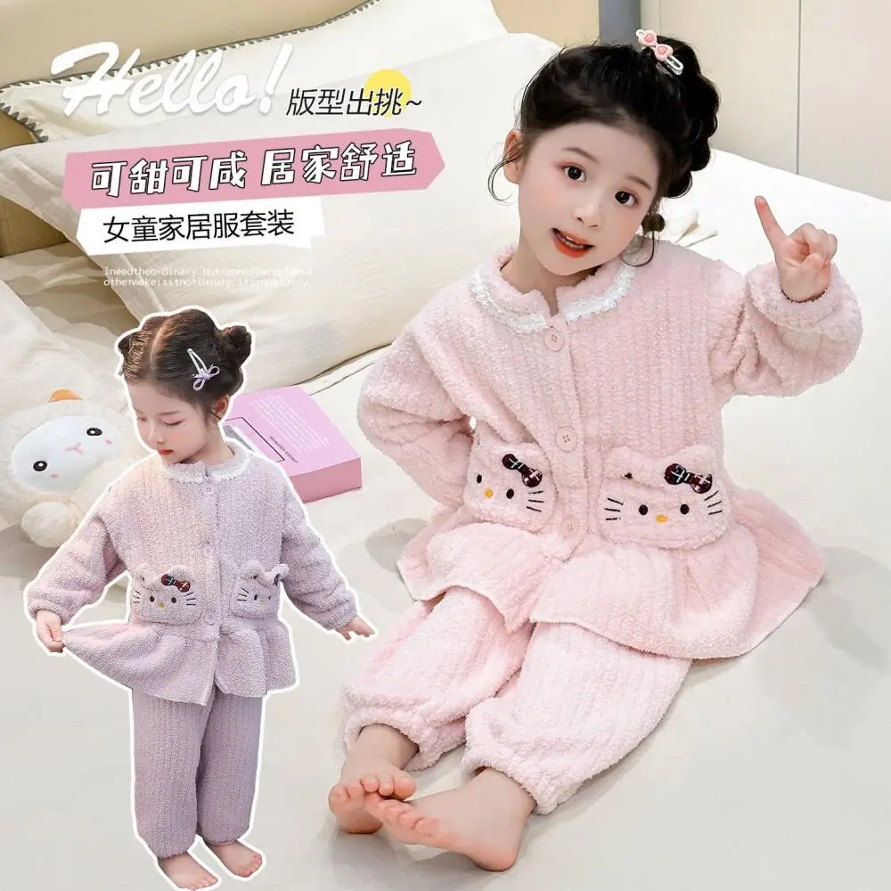

Sanrio Hello Kitty, пижамы для девочек, осенне-зимние коралловые бархатные костюмы, детские кардиганы, домашняя одежда, фланелевой комплект одежды для сна