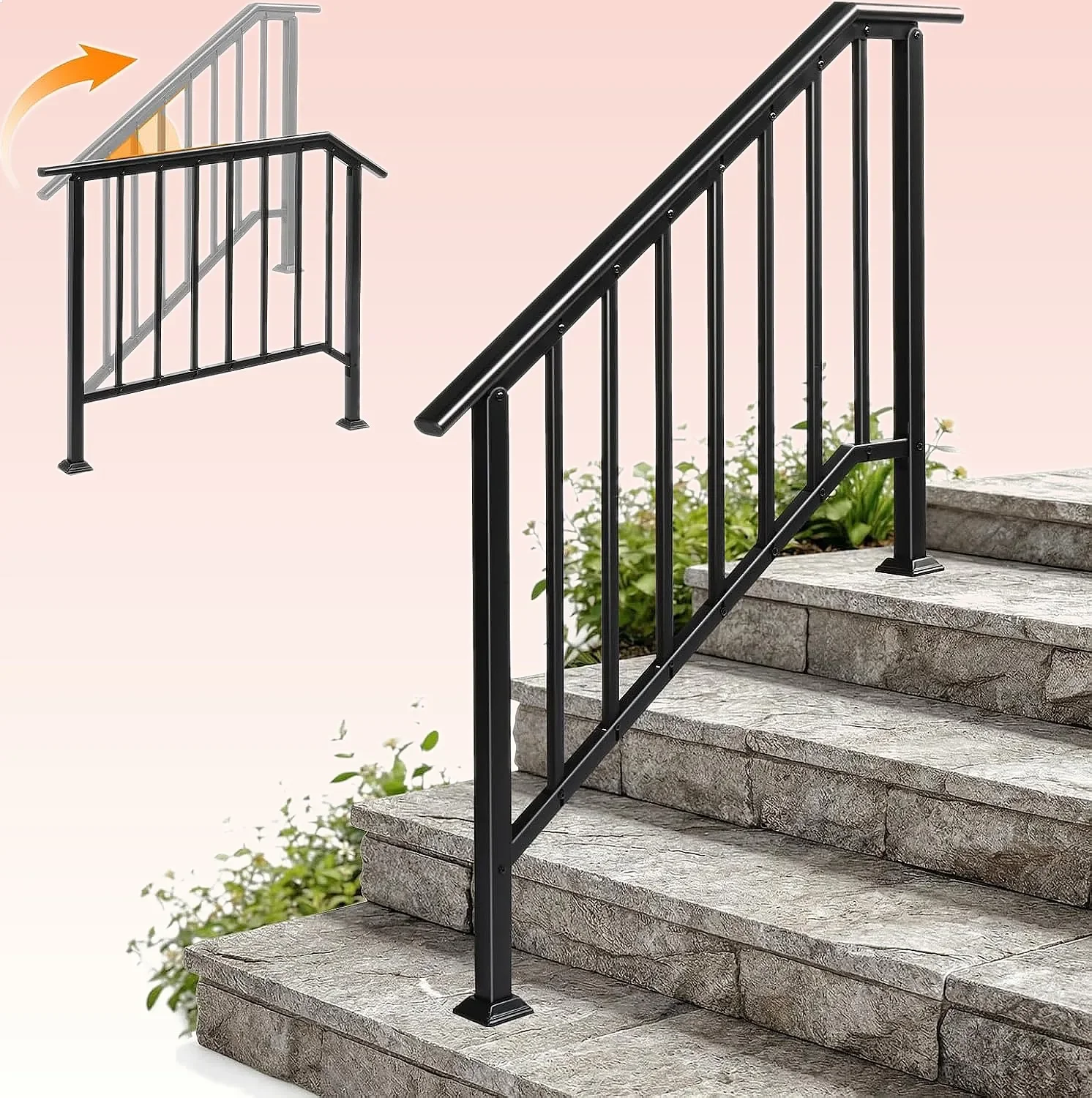 

VINGLI Outdoor Handrail for 3-4 Steps, Wrought Iron Stair Railing with Drainage Holes, Black