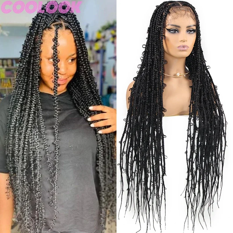 Synthetic 36 Inch Braids Full Lace Wigs Looped Butterfly Locs Braided Lace Frontal Wigs Knotless Handmade Durable Box Braid Wigs