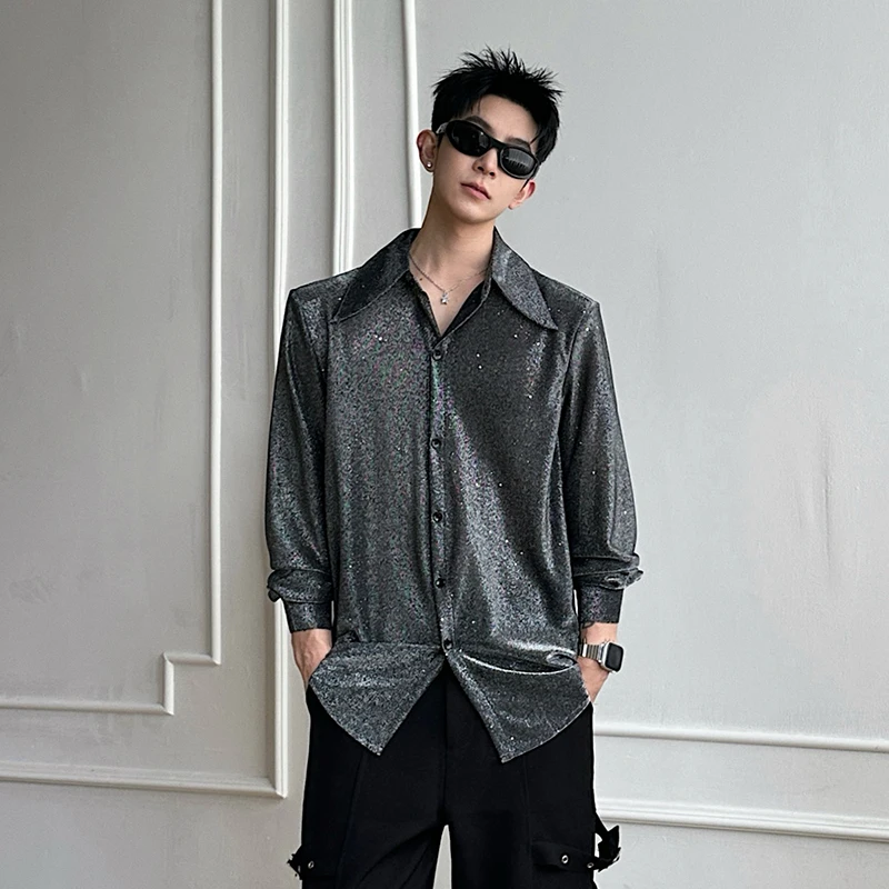 WTHT Fashion Men's Liquid Metal Sequins High Street Shirts Trendy 2026 Summer Single Breasted Long Sleeves Tops Male 2A3058