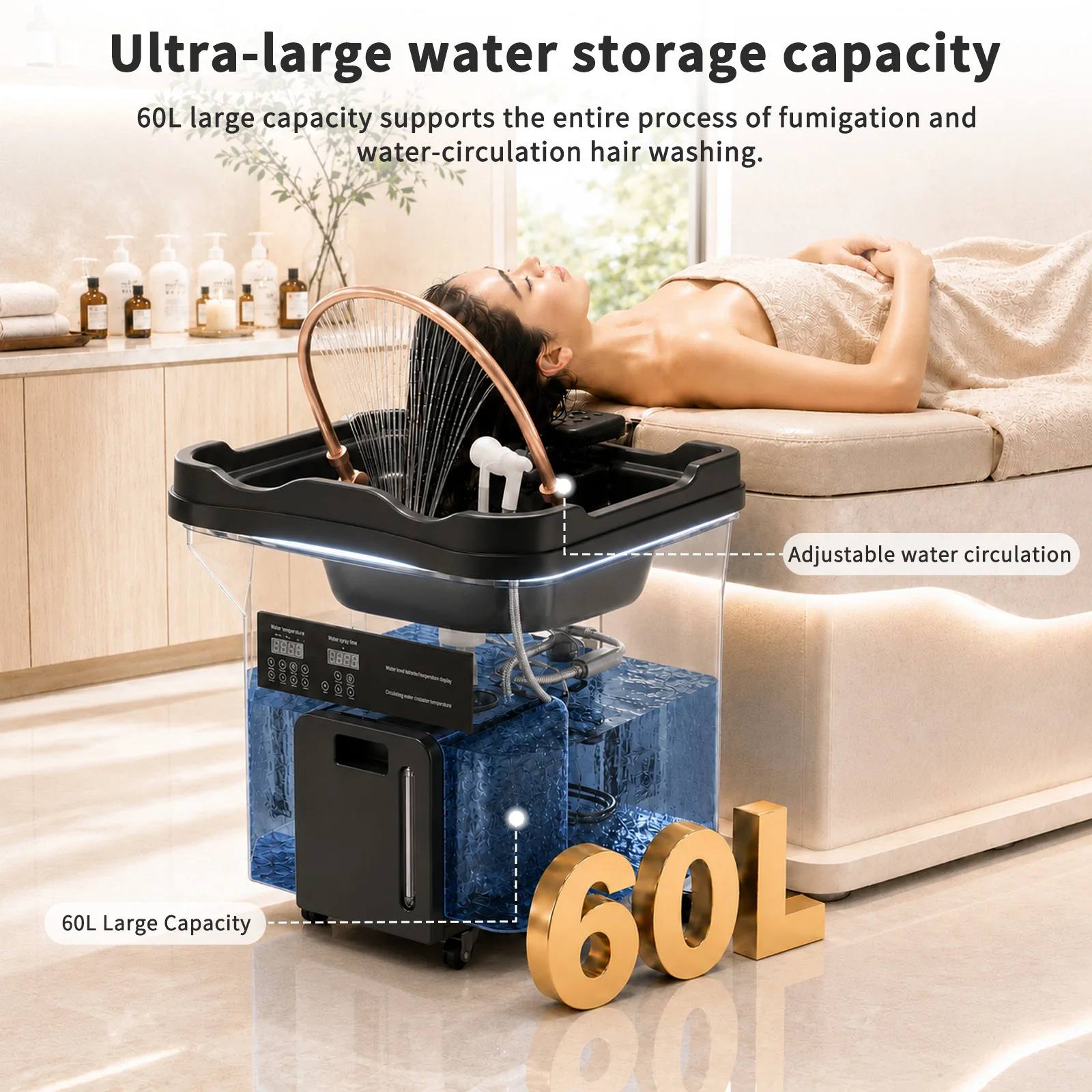 Kopf-SPA-Shampoo-Becken mit 60L Wasserspeichertank und Wasserkreislauf, Heizfunktion, Anschließbare Massageliege, Lieferung innerhalb von 2-10 Tagen – Detail 4