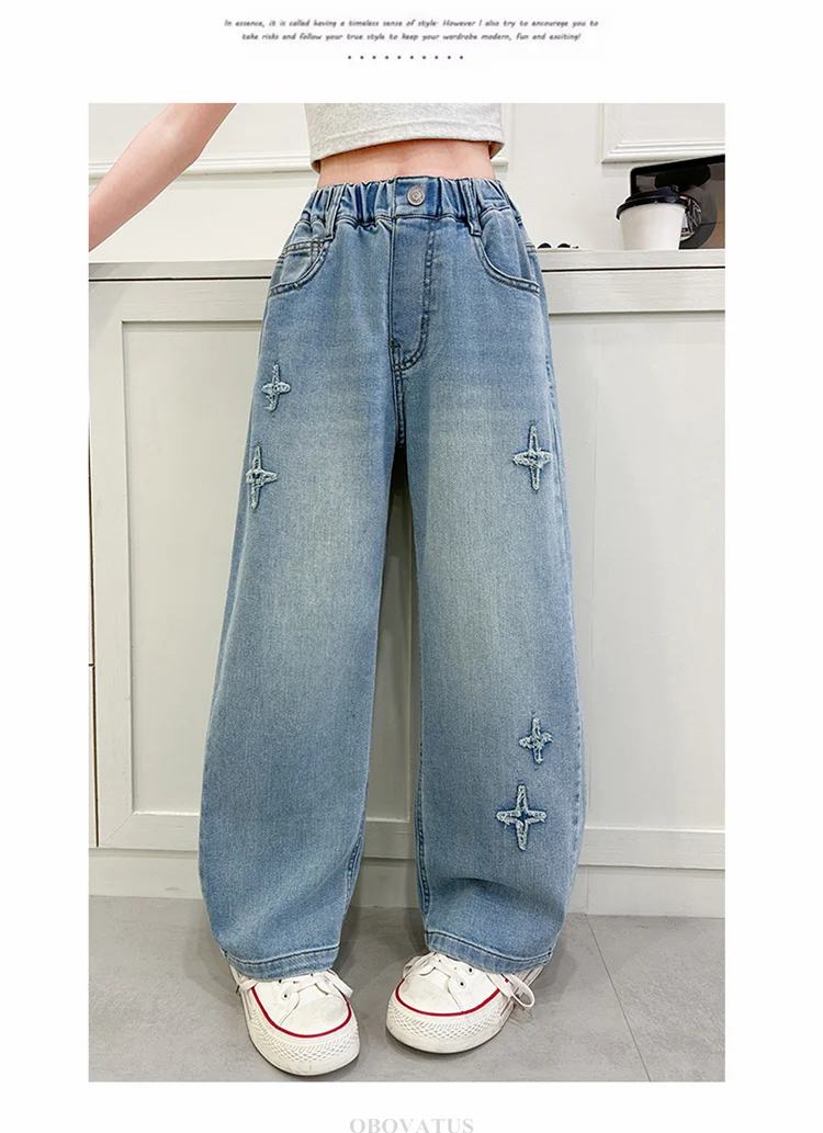 Neue Modische Kinderjeans mit Sternenmuster für Mädchen, Stylische Gerade Denim-Hosen, Lässige Jeans für Kinder und Teenager – Detail 4