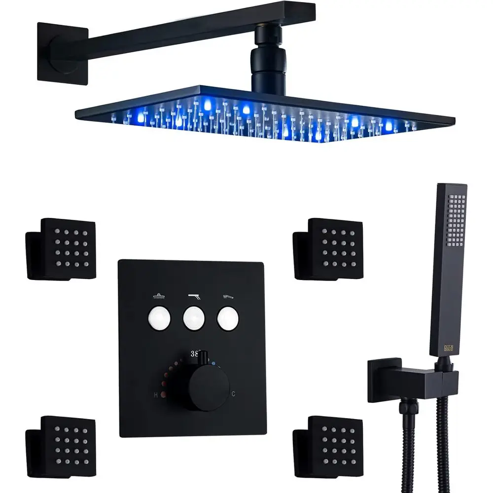 Matte Black LED Rain Shower Head Set With Body Jets and Handheld Spray, cUPC Wall Mounted 8 X 12 Inch Shower System Can Use All