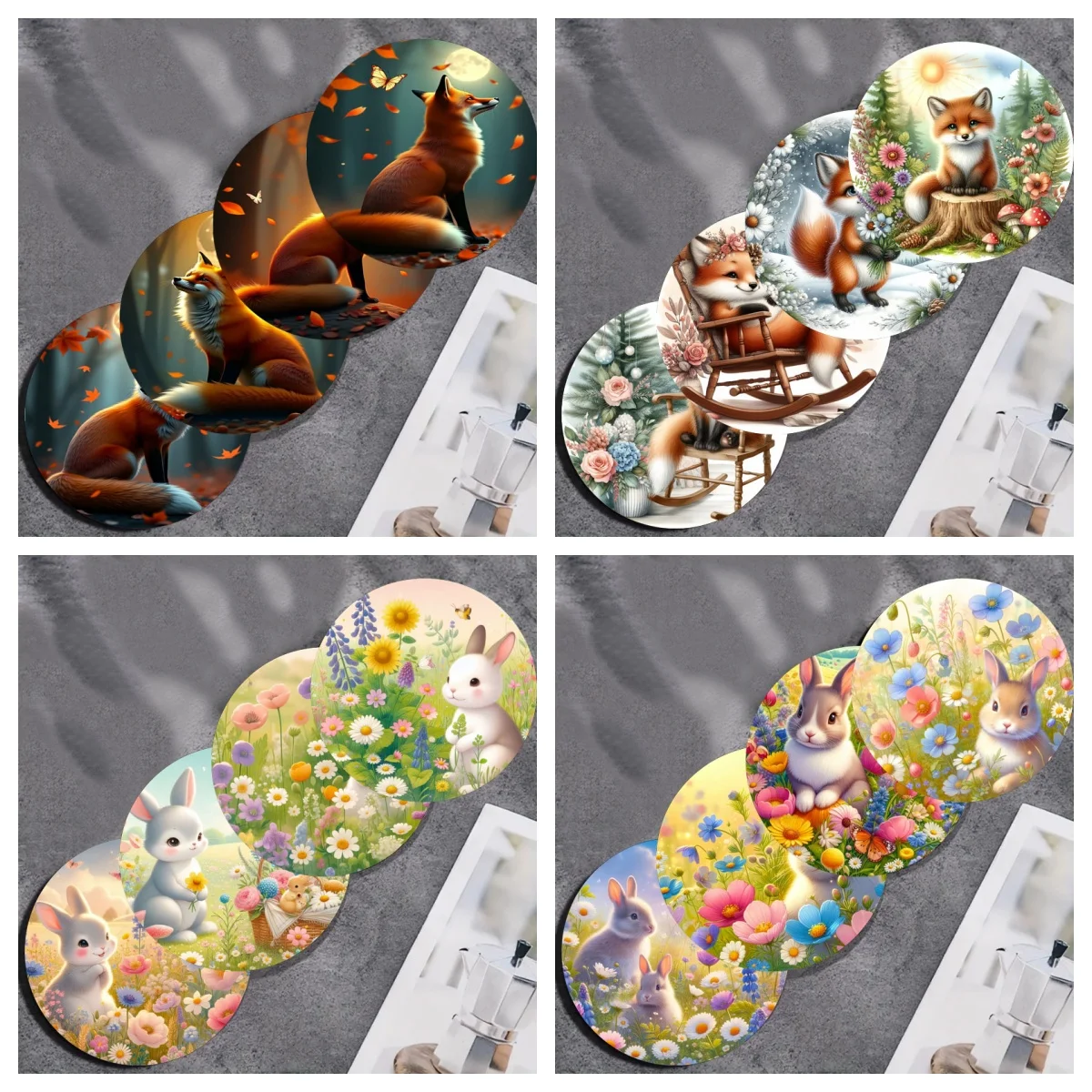 

Four mysterious castle colorful clock pattern coasters are suitable for table decoration in libraries, coffee shops and tea hous