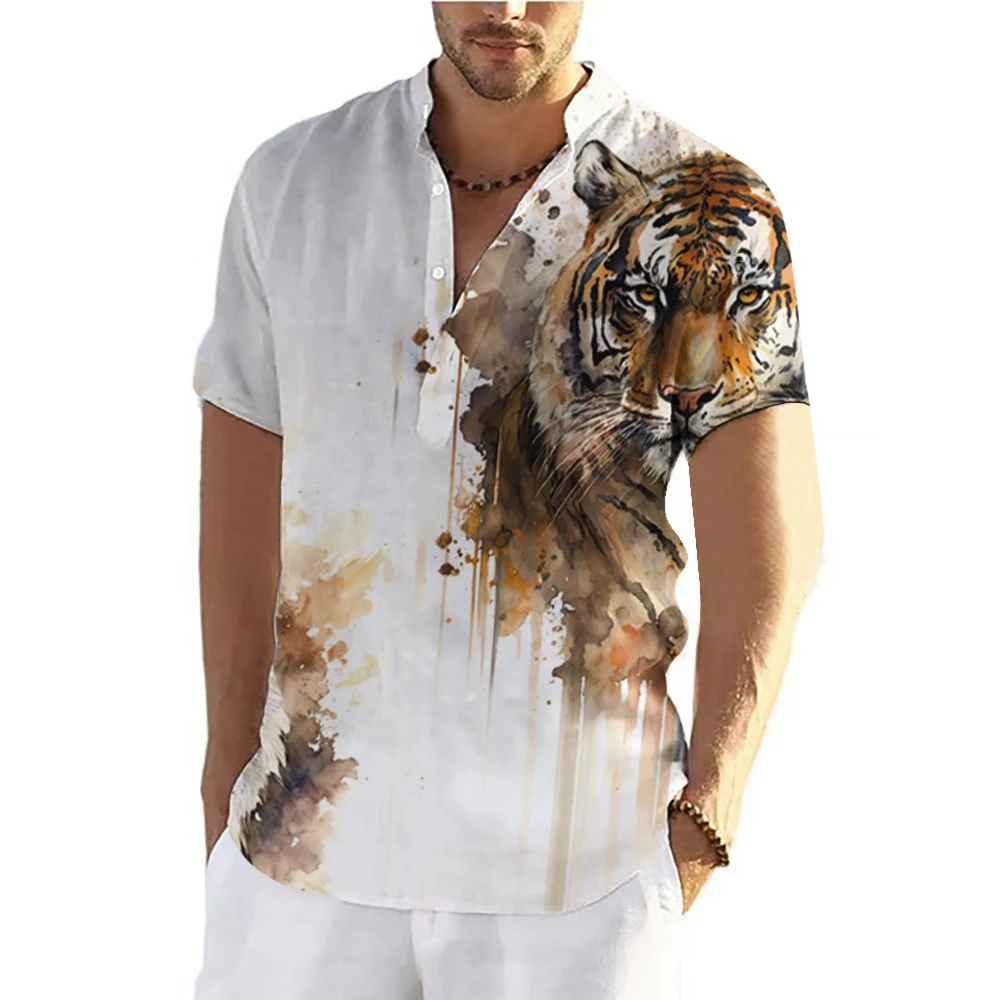 Tiger Shirts For Men T-shirts Short Sleeve Tops Animal Graphic Clothing Streetwear V-Neck Pullovers Summer Men\'s Shirt Tees 2023