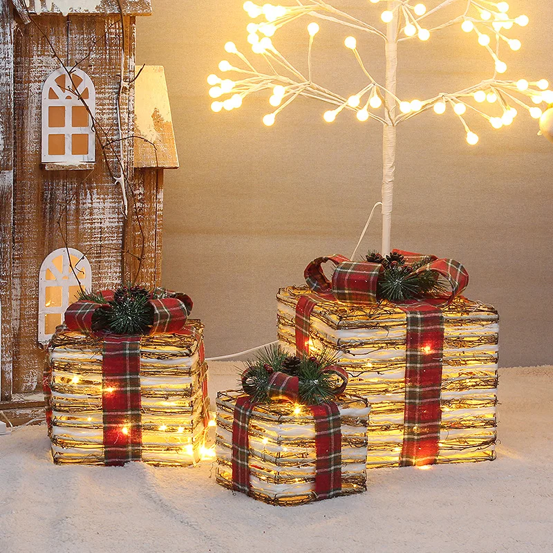 3pcs/Set Hollowed Out Christmas Decoration Led Lights Gift Box With Bow Iron Box Art Home Outdoor Mall Gift Home Party Decor