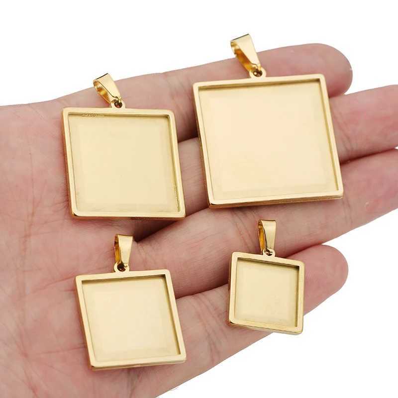 5pcs Gold Stainless Steel Square Bases 10/15/20/25/30mm Cabochon Bezel Blank Trays for Pendants Setting Jewelry Making Supplies