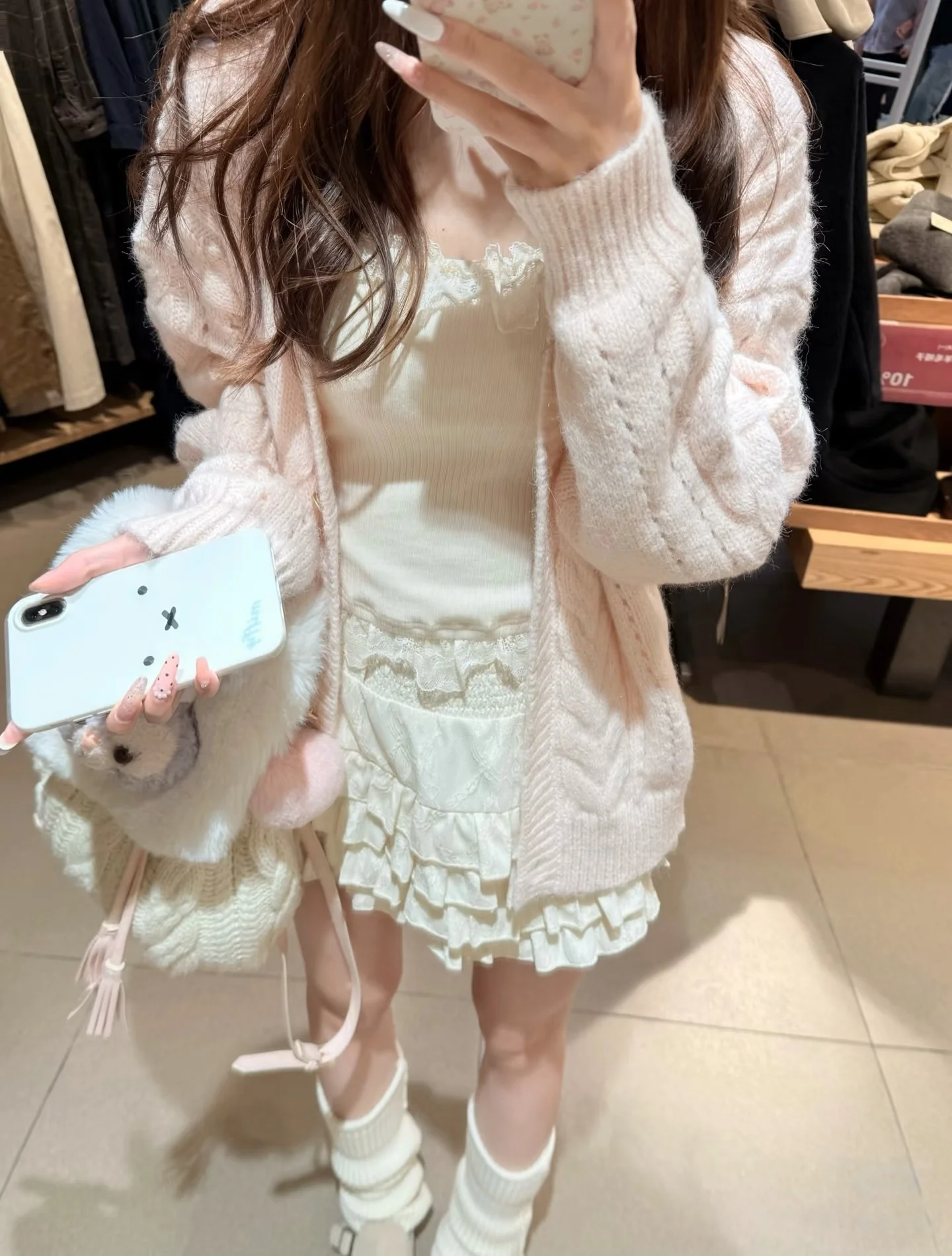Soft Style Pink V-Neck Sweater Coat Women's Autumn New Lazy Style Loose Medium Length Twist Knitted Shirt Casual Wear