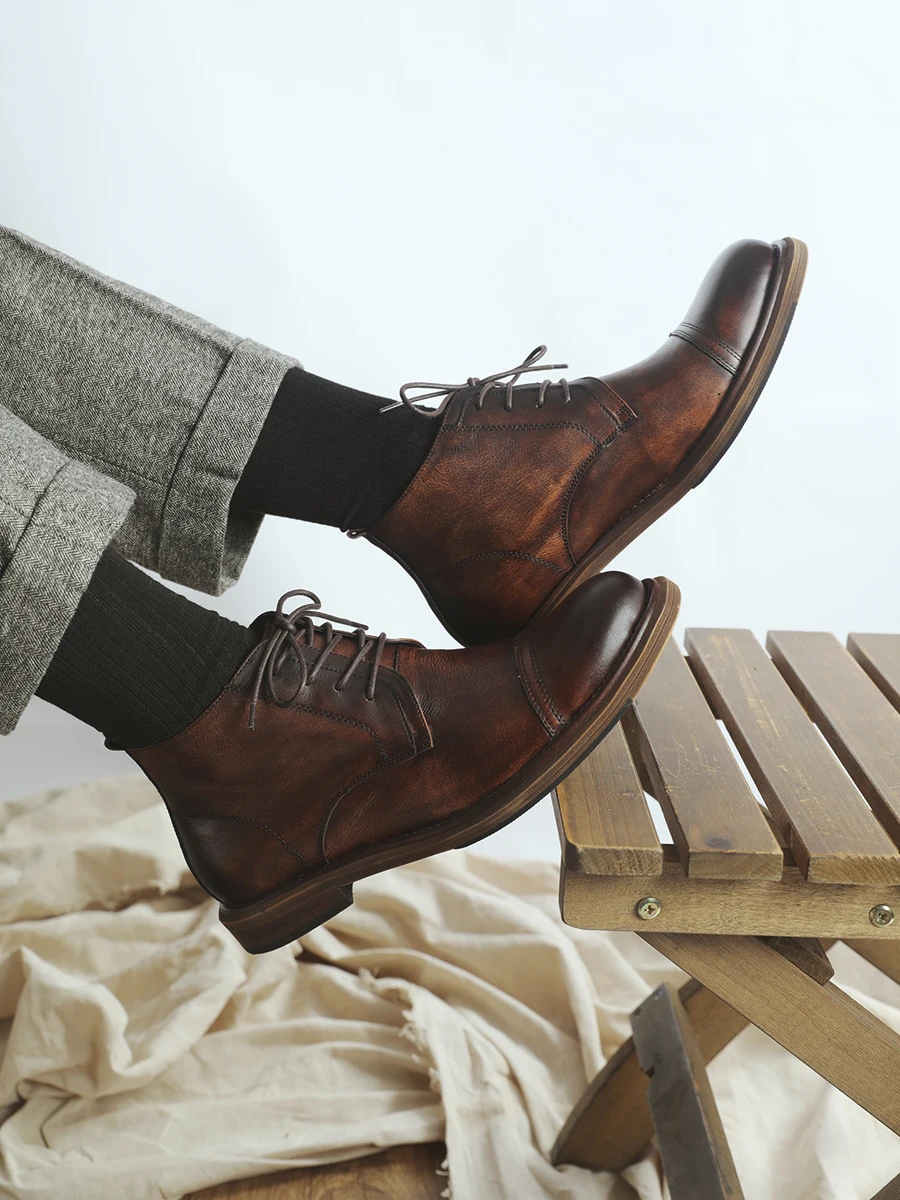 

Retro Tee-Button Boots Handmade High-Top Soft-Soled Color-Waxed Leather oes for Men Casual Busin Sle
